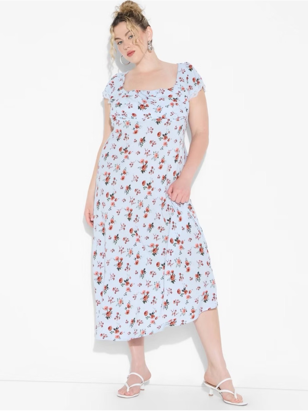 wild fable Baby Blue Floral Square-Neck Midi Dress